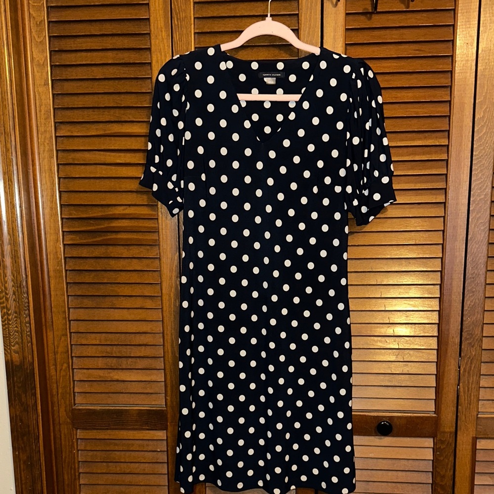Tommy Hilfiger Navy & White Polka Dot V-Neck A-Line Midi Dress  |  Size 4